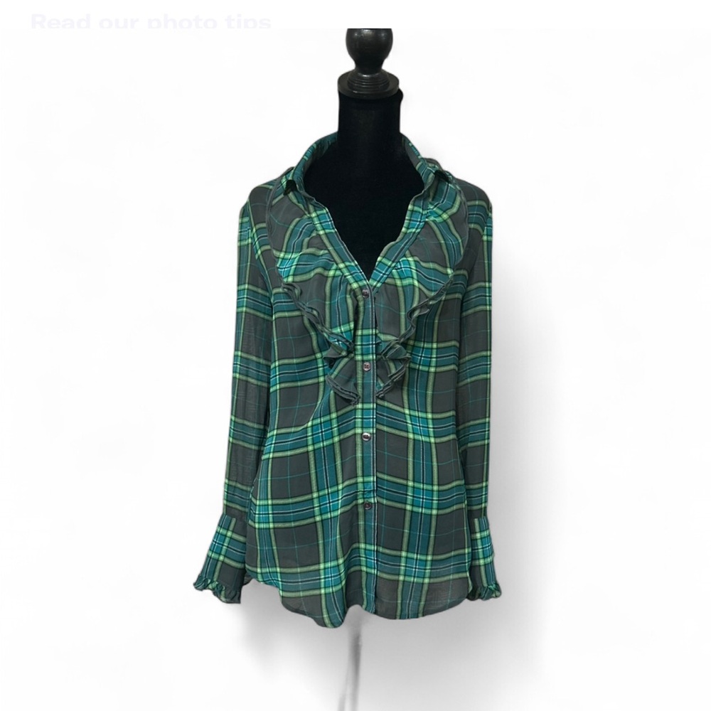 NEW YORK & COMPANY Green and Black Tie Front Button Down Shirt 2